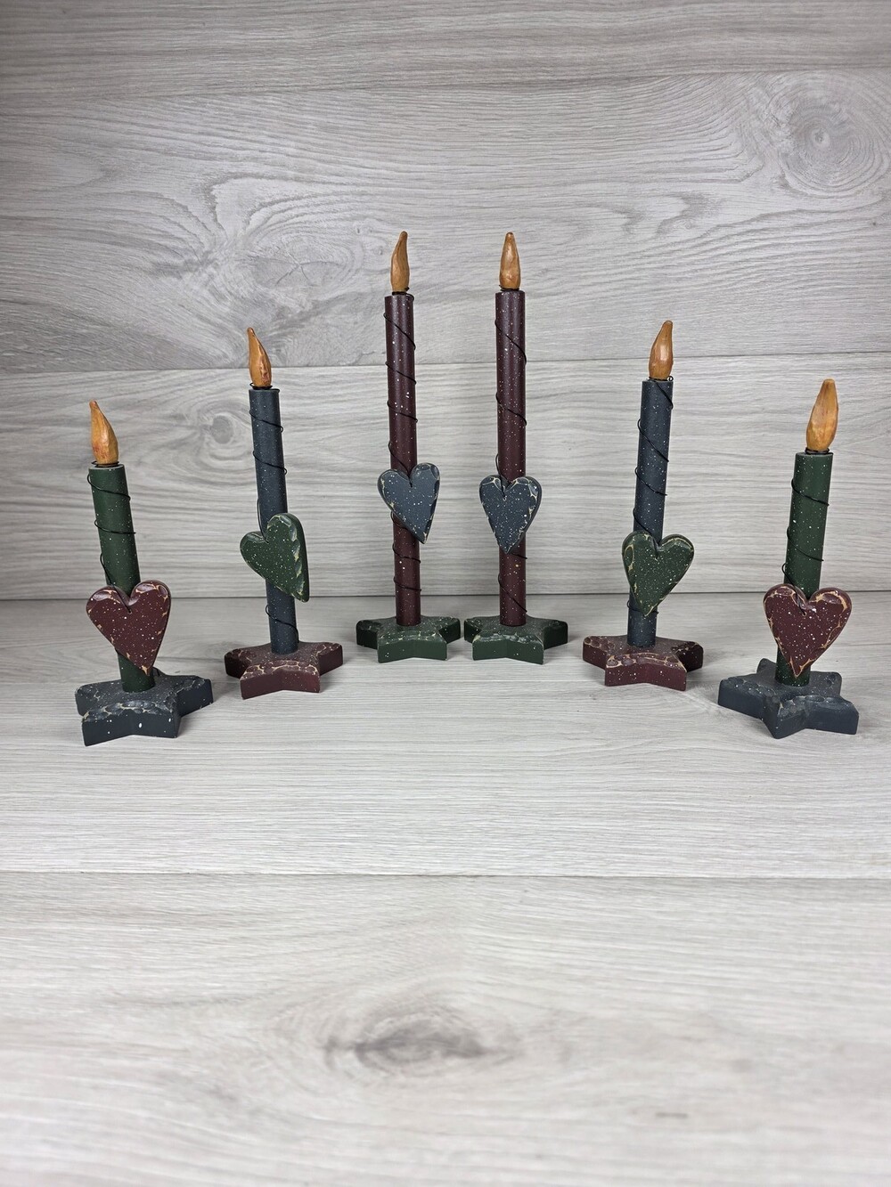Folk Art Primitive ChristmasWood Candle Figurine Set - 5 Distressed Country SU63